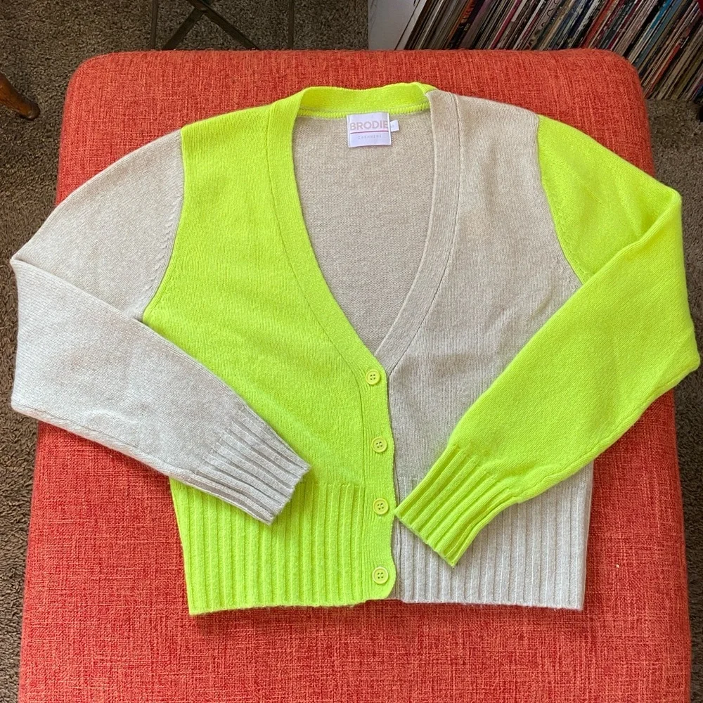 Brodie Cashmere Neon Green ColorBlock Cardigan Sweater - Picture 5 of 15